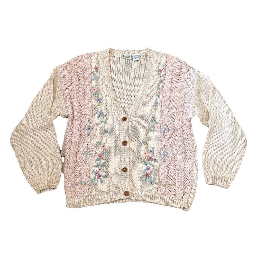 Classic Elements Vintage Floral Embroidered Cardigan L Ivory Pink Cottagecore